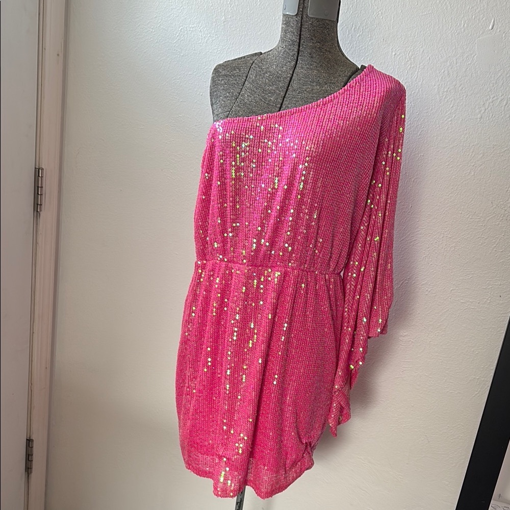 Pink Sequin One-Shoulder Dress